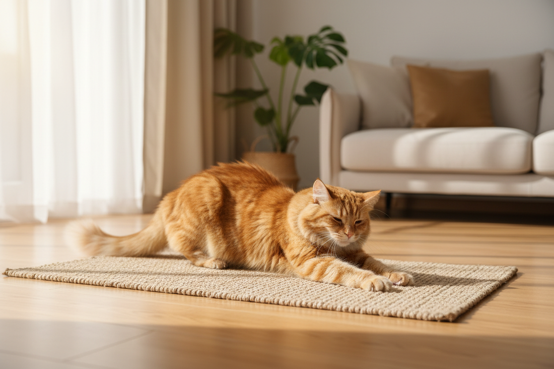 Happy cat using a natural sisal scratching mat on the floor