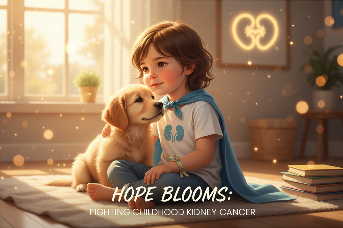 A child with a dog in warm golden light, representing Pawdorable's support for the Wilms Cancer Foundation