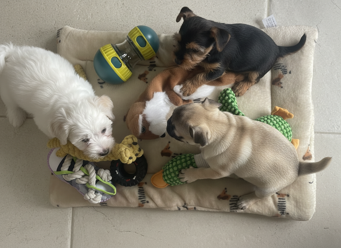 Dogs playing with their dog toys
