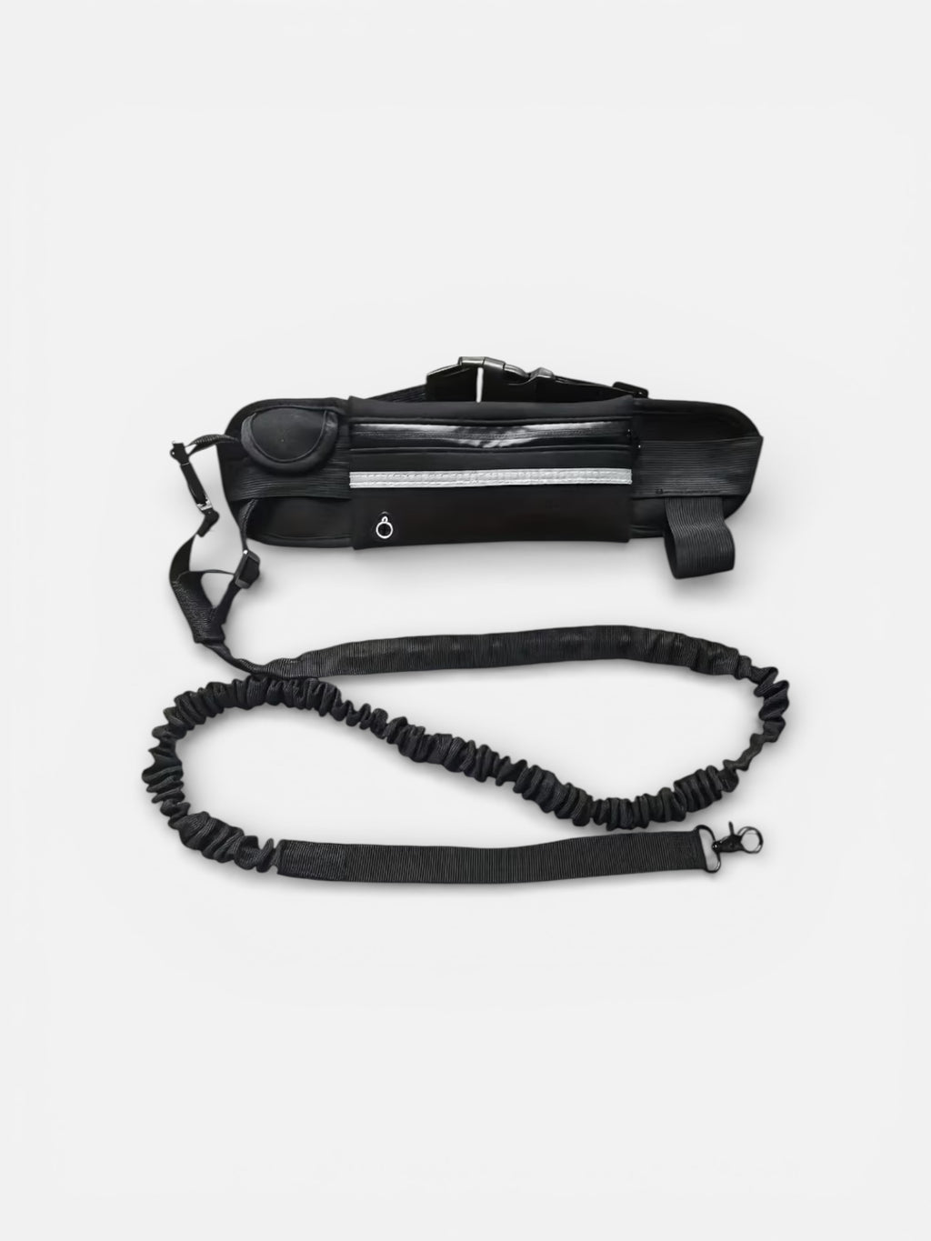 Black waist bag with a strap on a white background