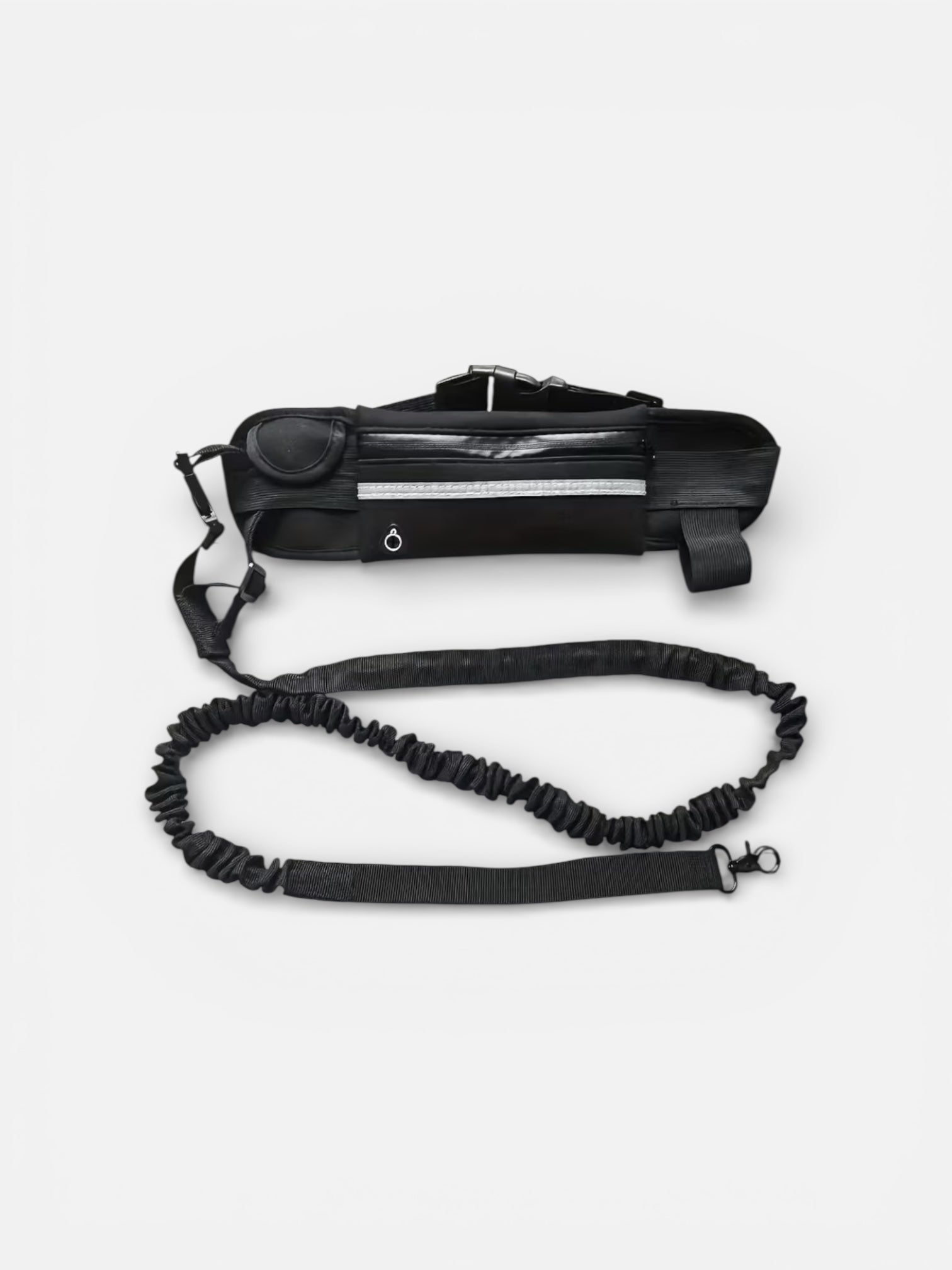 Black waist bag with a strap on a white background