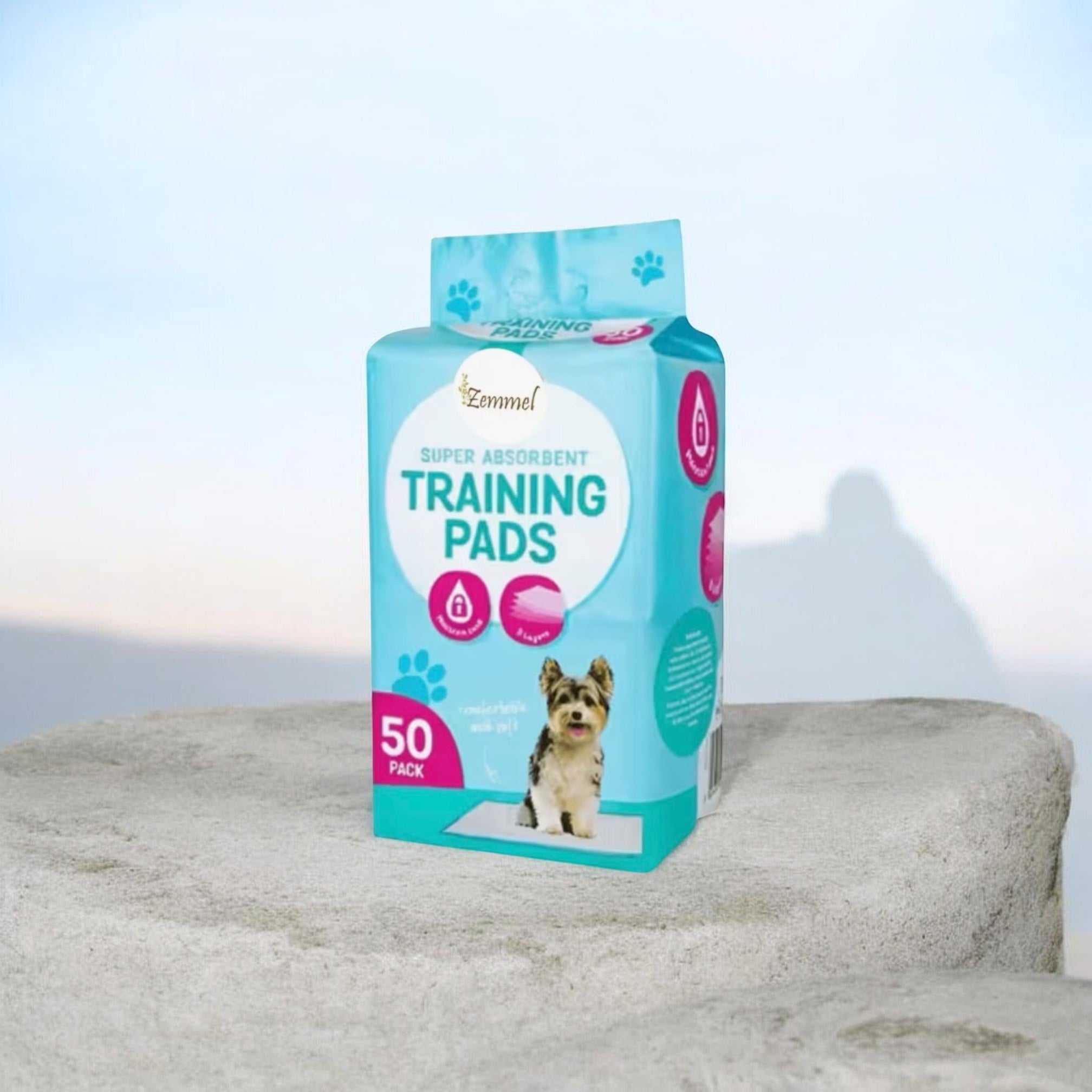 Pack of dog training pads on a gray surface with a light blue background