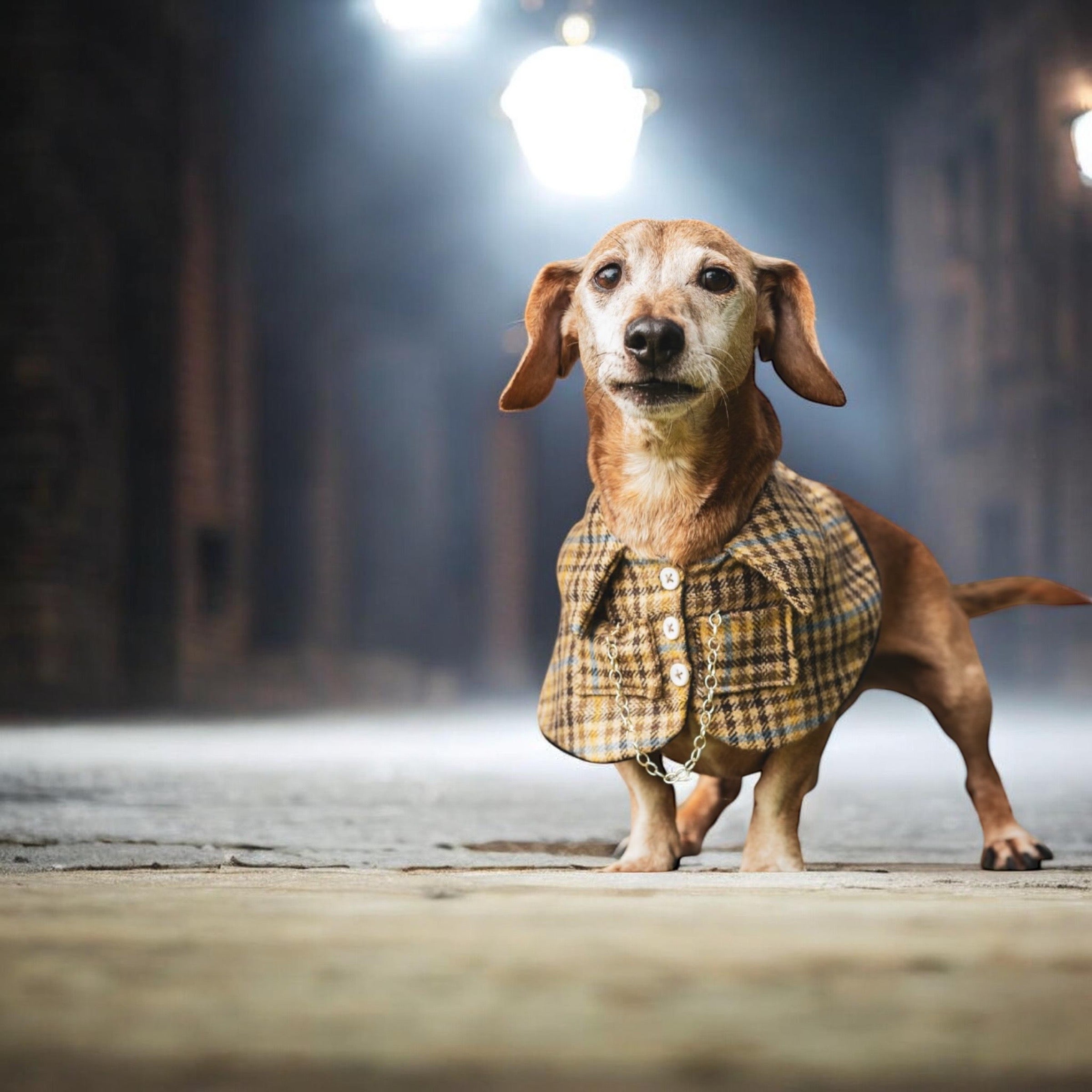 Dachshund wearing a checkered shirt standing on a street at night.