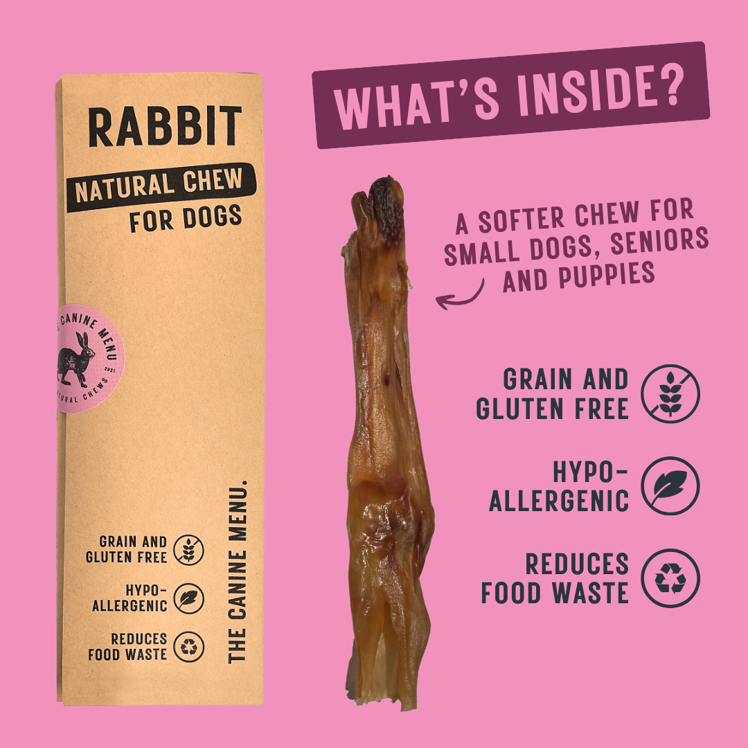 Rabbit natural chew for dogs packaging with product and features on a pink background