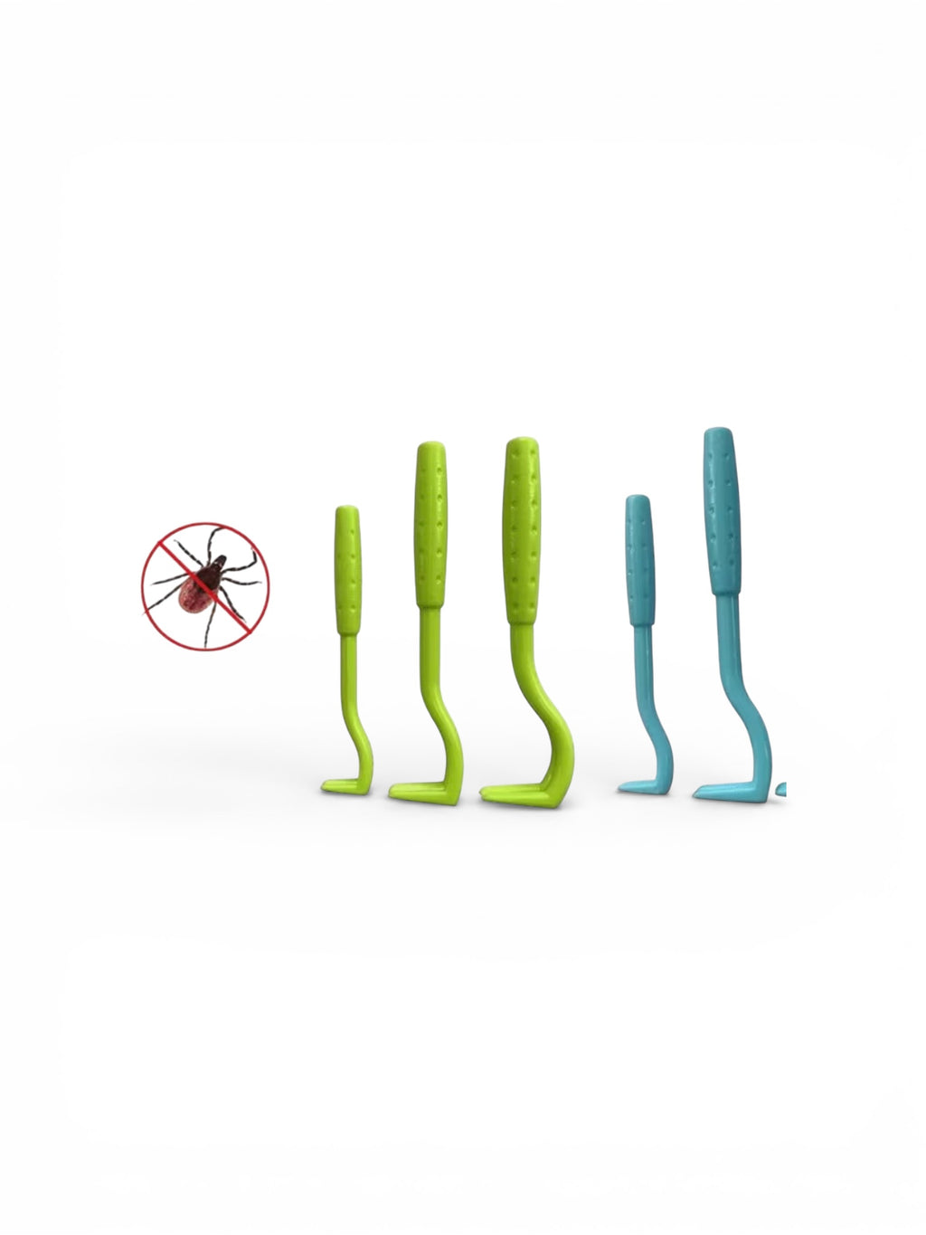 Set of green and blue tools with a red icon of a spider on a white background
