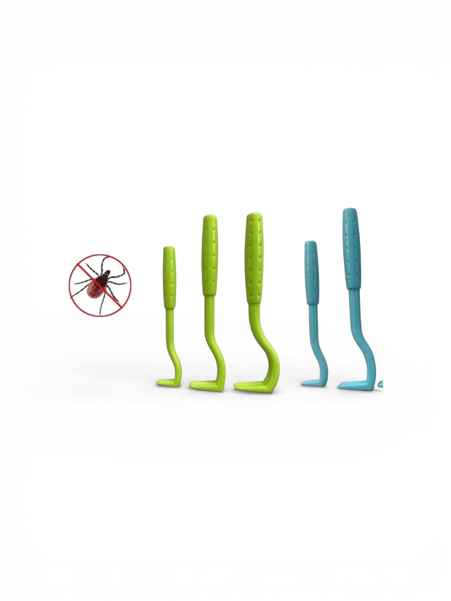Set of green and blue tools with a red icon of a spider on a white background