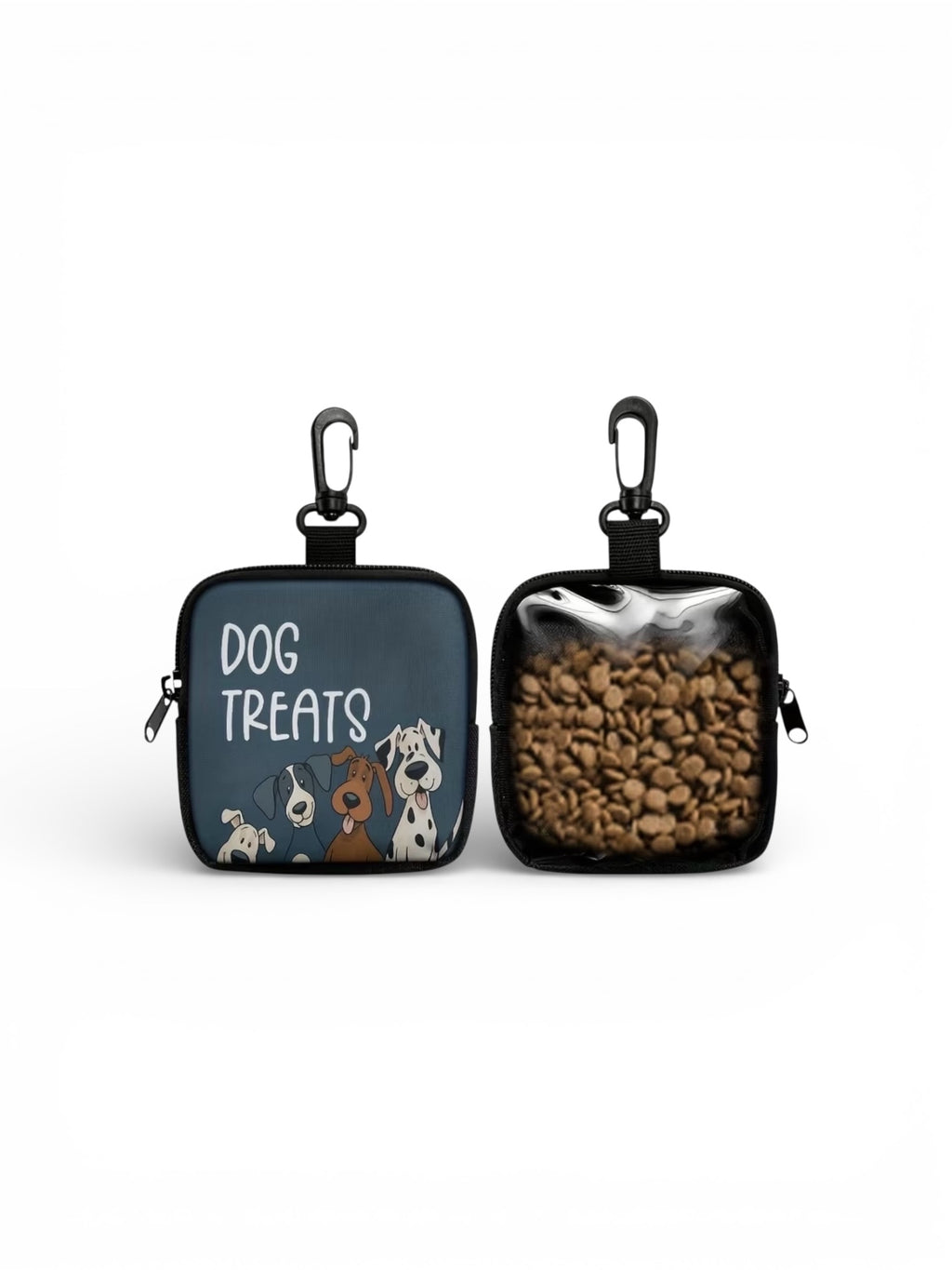 Two dog treat bags with one open showing treats on a white background