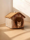 Cat peeking out from a cozy cat house with a warm interior