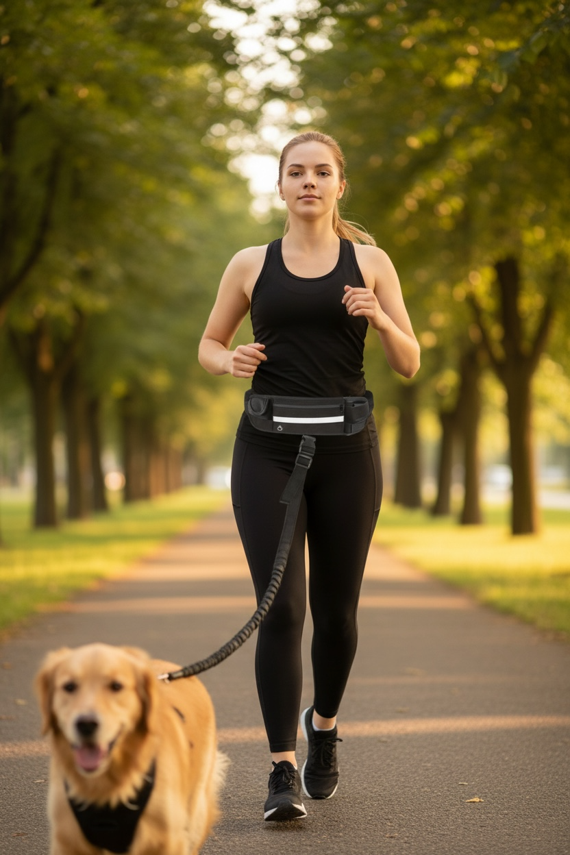 Woman running with a dog on a path in a park
