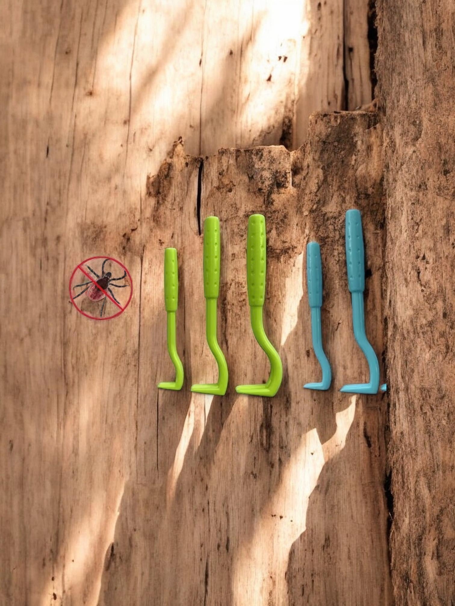 Green and blue tools on a wooden surface with a spider icon.