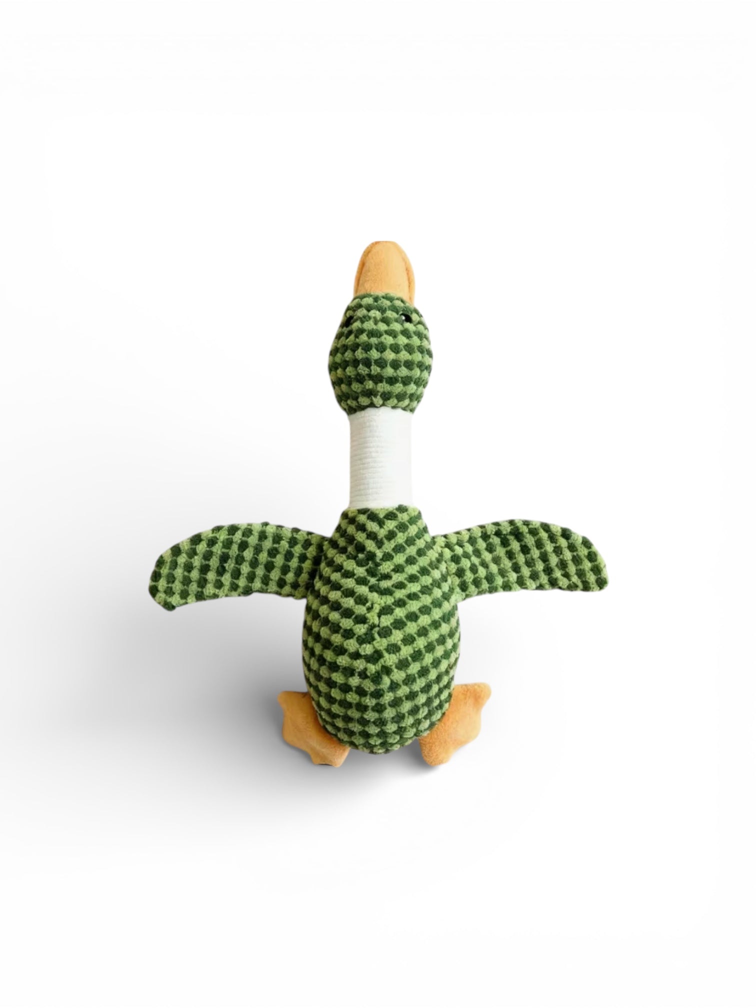 Green checkered toy duck on a white background
