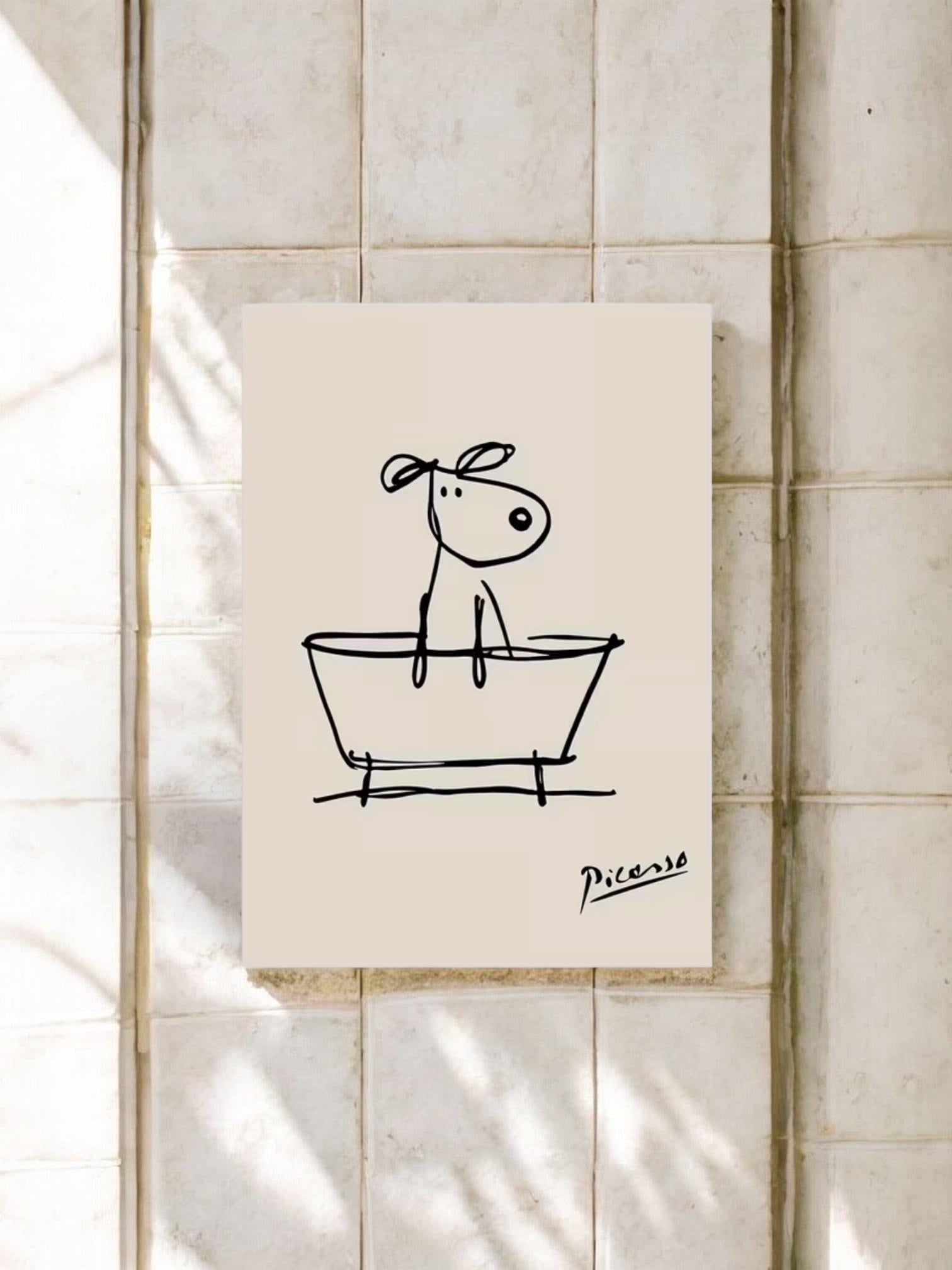 Canvas with a black and white drawing of a dog in a bath tub on a tiled wall.