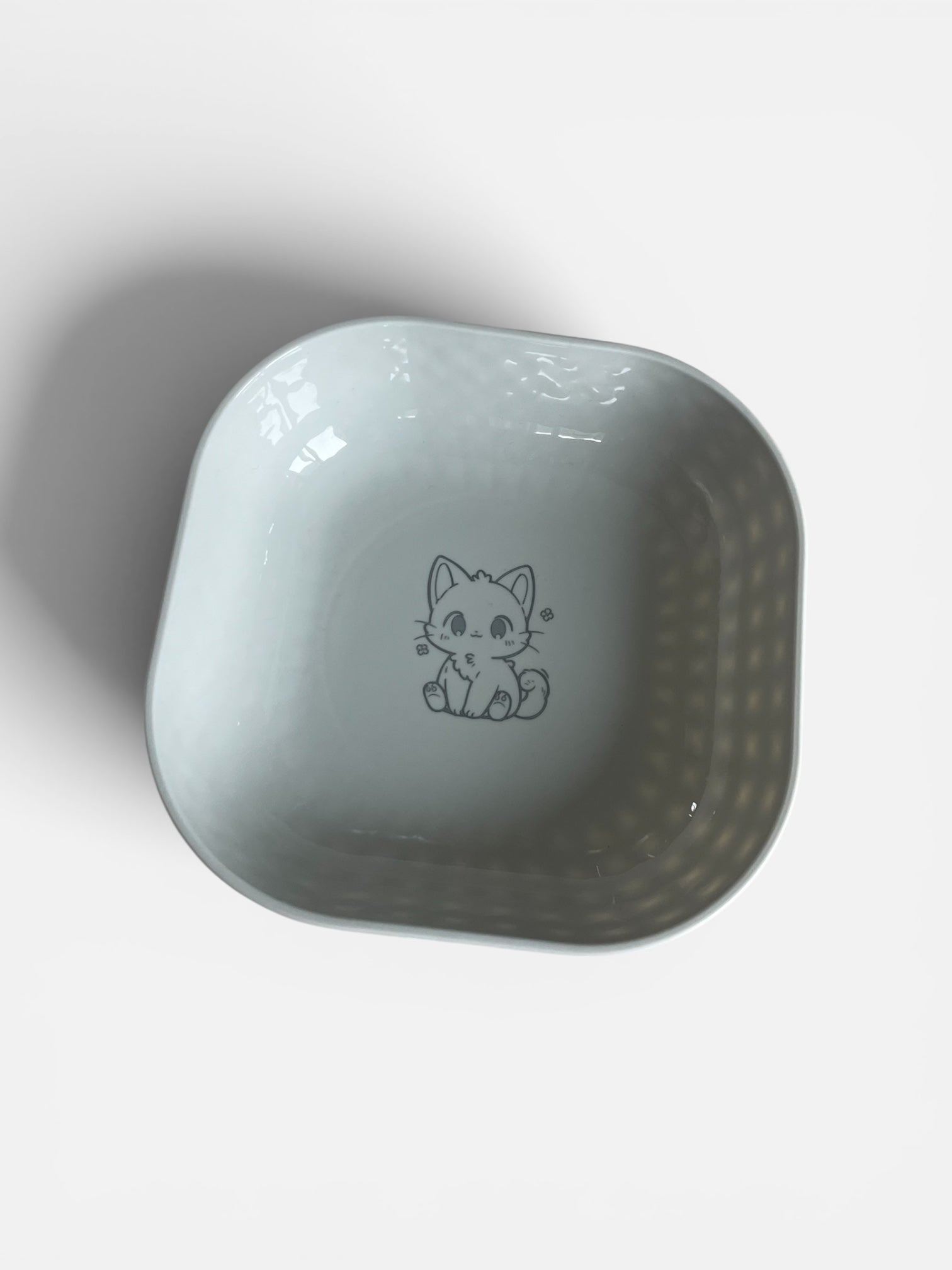 Light blue square dish with a cat illustration on a white background