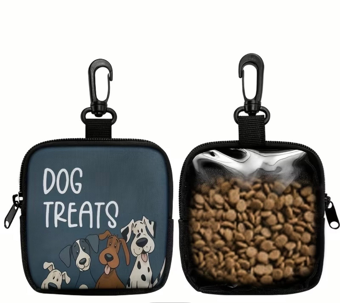Dog treat pouch with cartoon dogs and 'DOG TREATS' text, filled with treats.
