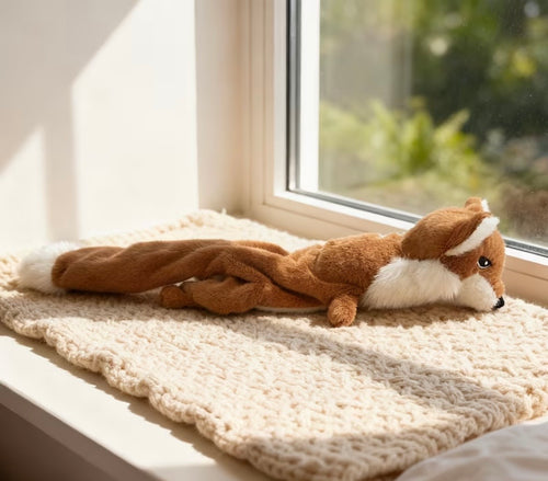 Plush fox toy on a textured surface near a window with natural light