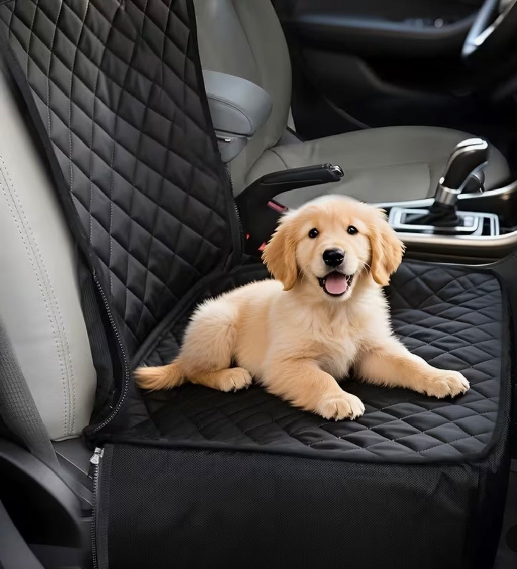 Dog sitting on a black quilted car seat cover in a vehicle.