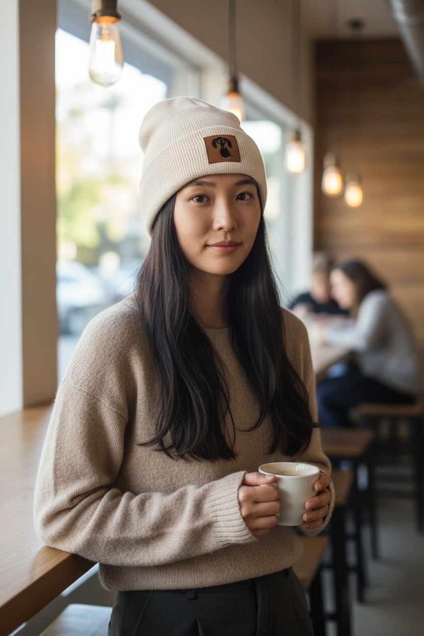 Woman in a cozy cafe holding a mug, wearing a beige sweater and white beanie.