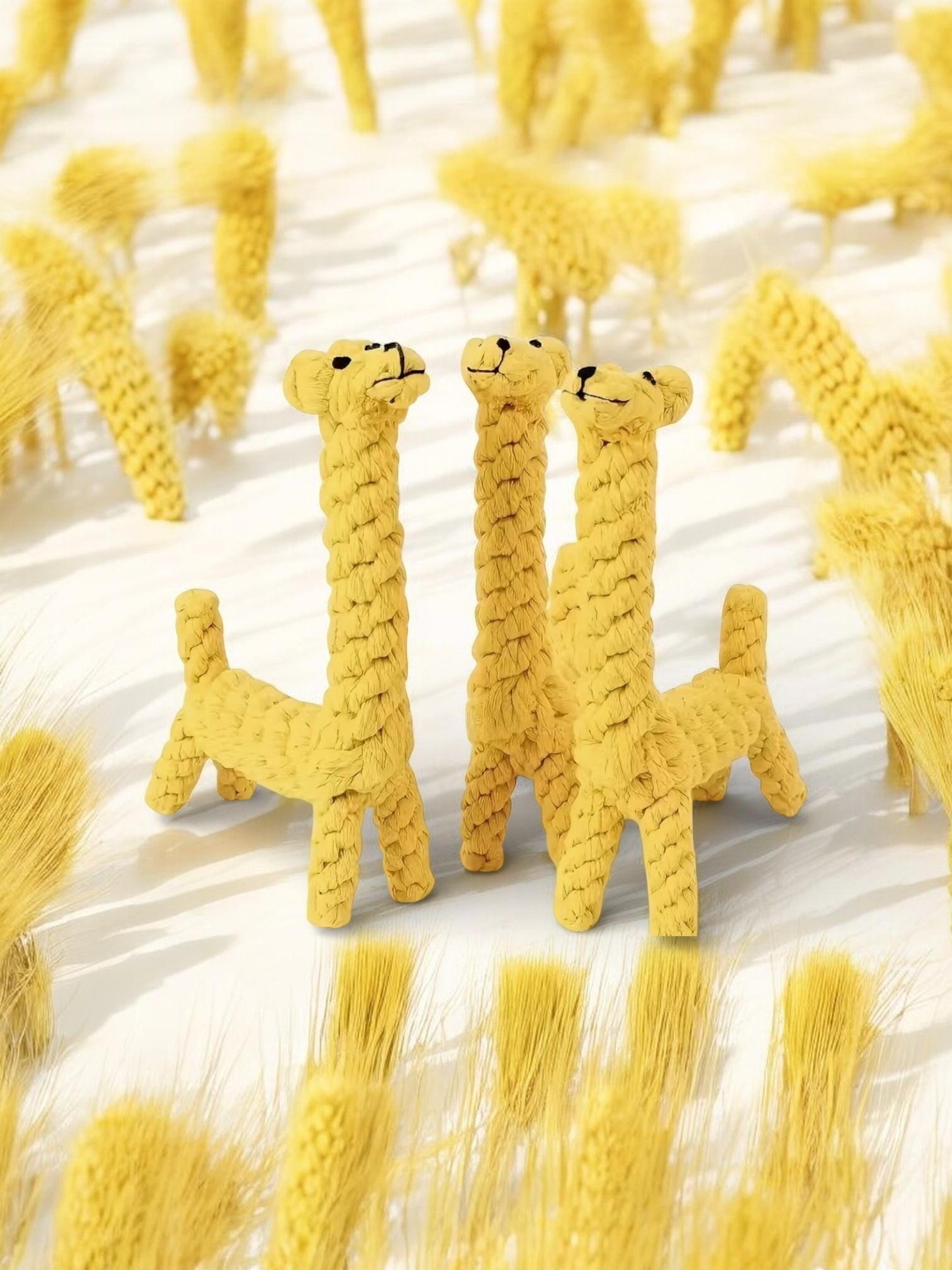 Yellow dog toys shaped like llamas on a white background