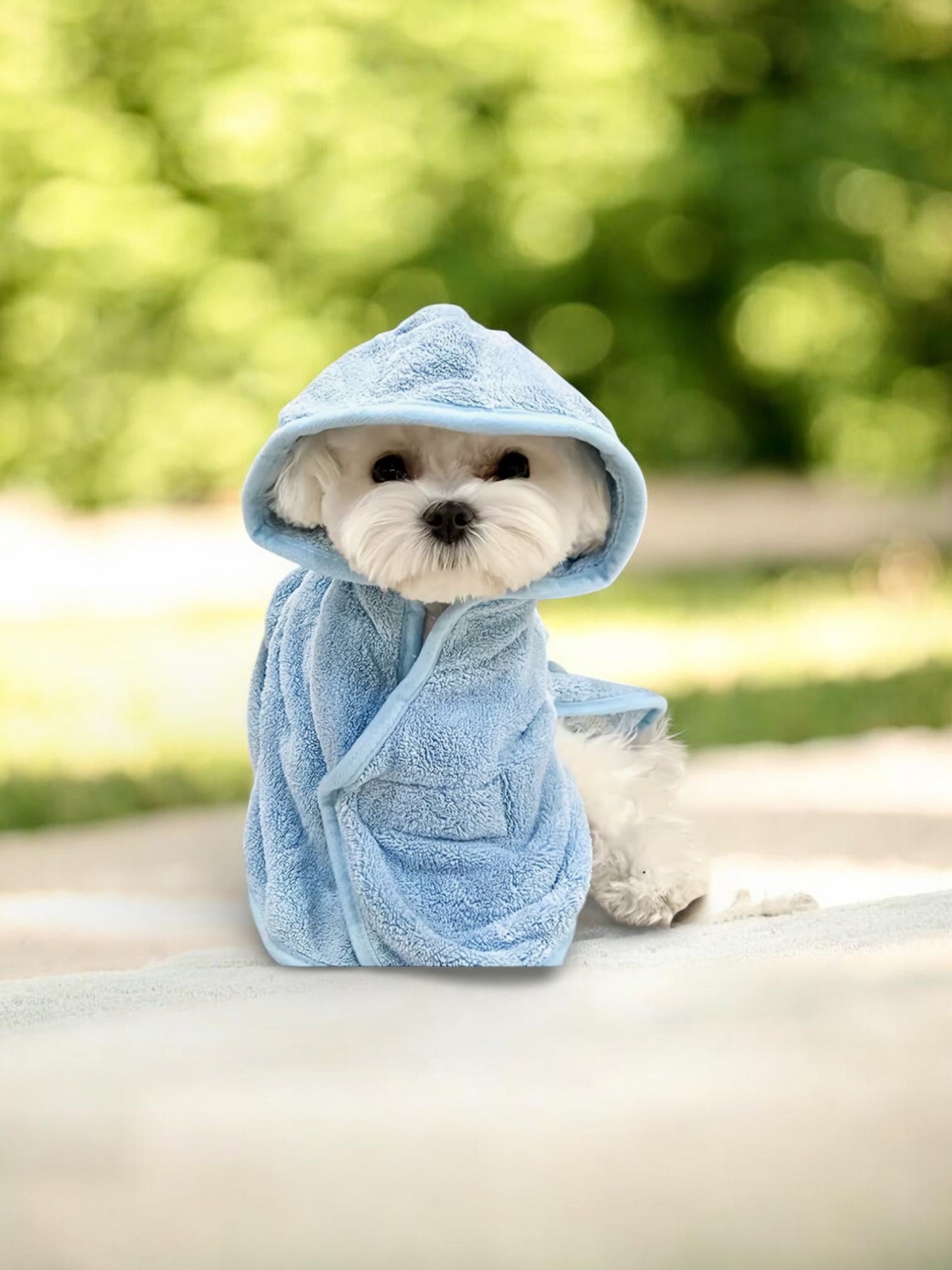 Dog in quick-dry bathrobe