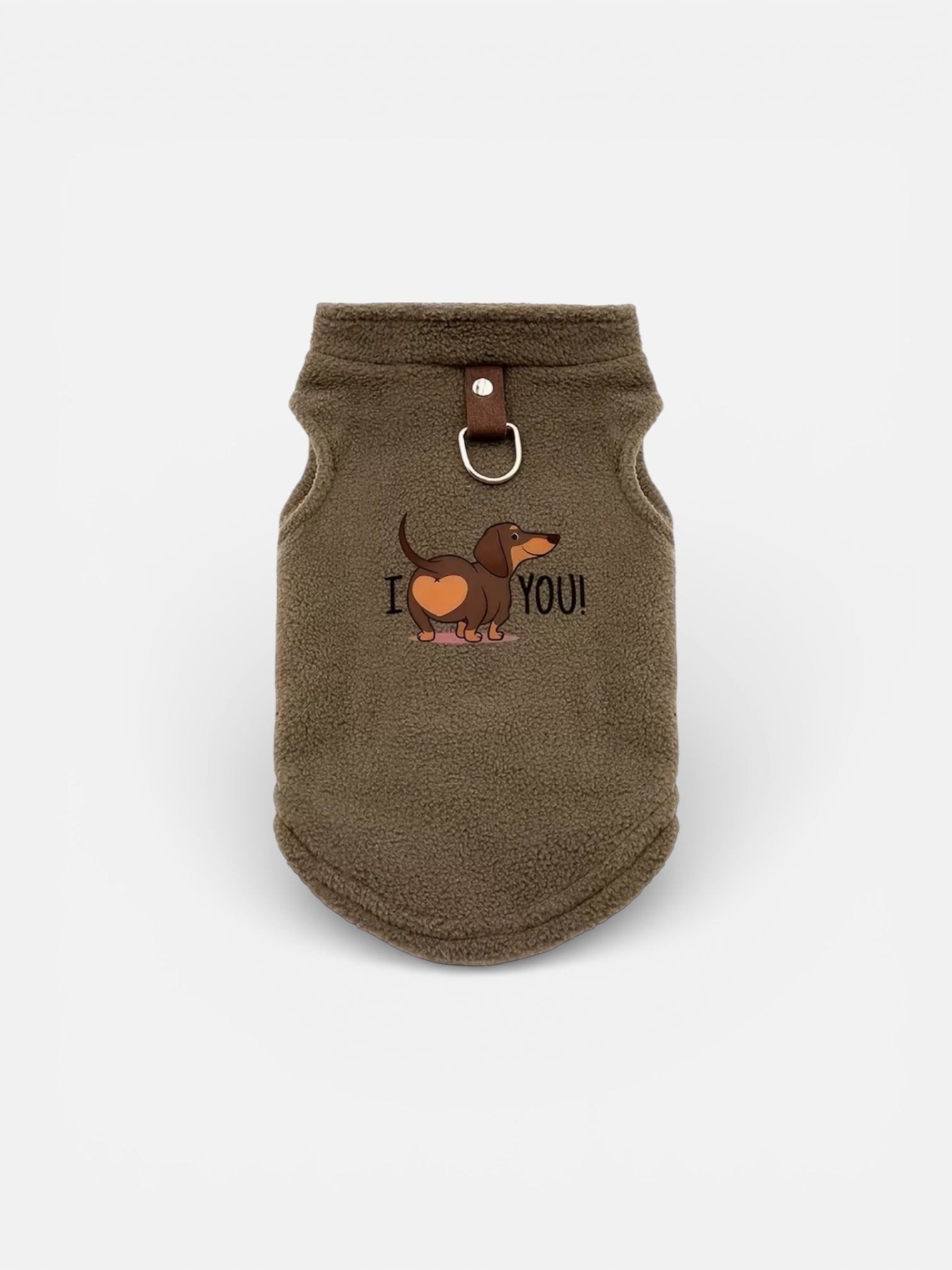 Brown dog sweater with a heart and text design on a white background