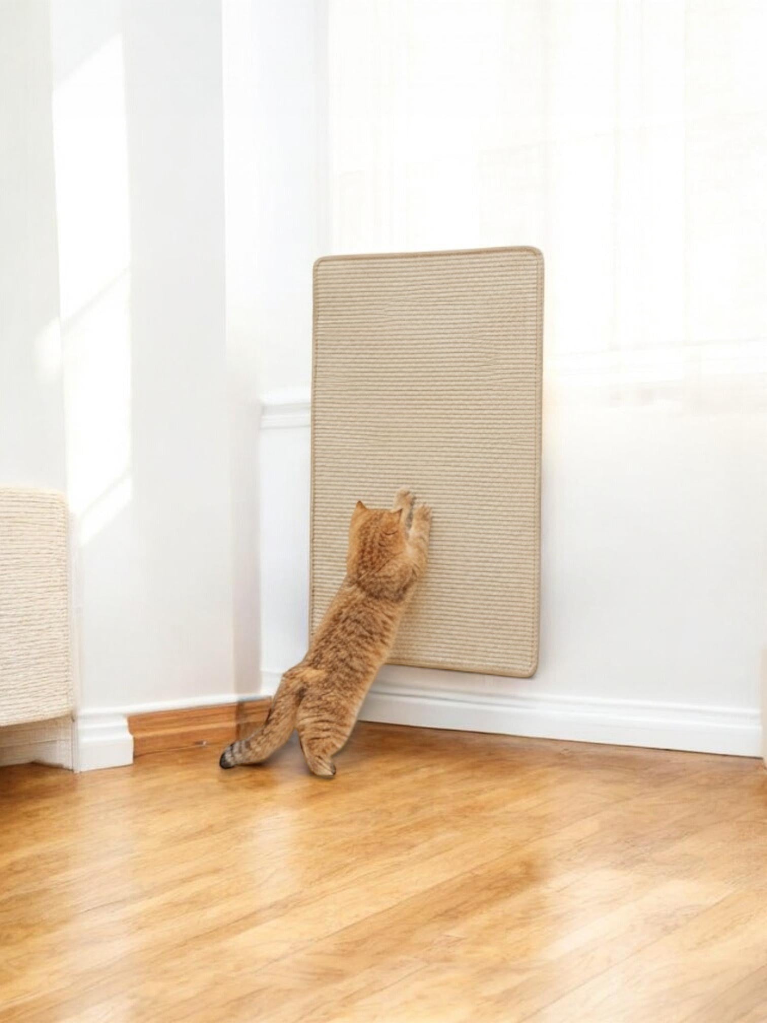 Cat using a vertical scratching post against a white wall.