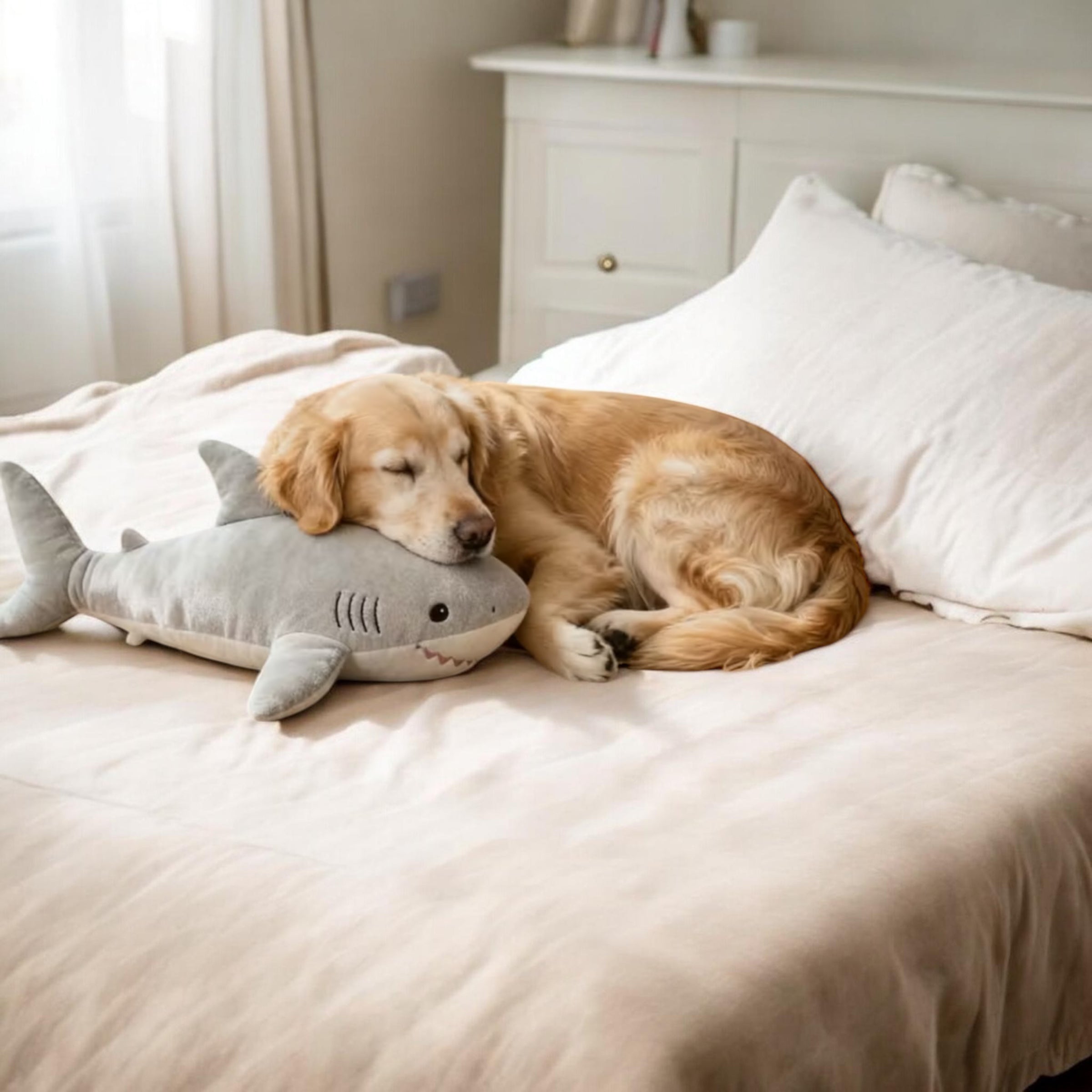 Dog lying on a bed with a shark-shaped pillow
