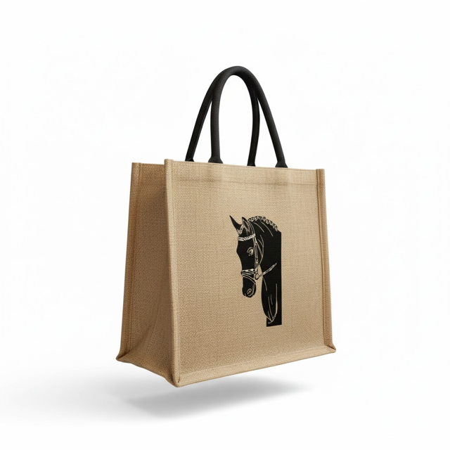 Beige tote bag with a horse head design on a white background