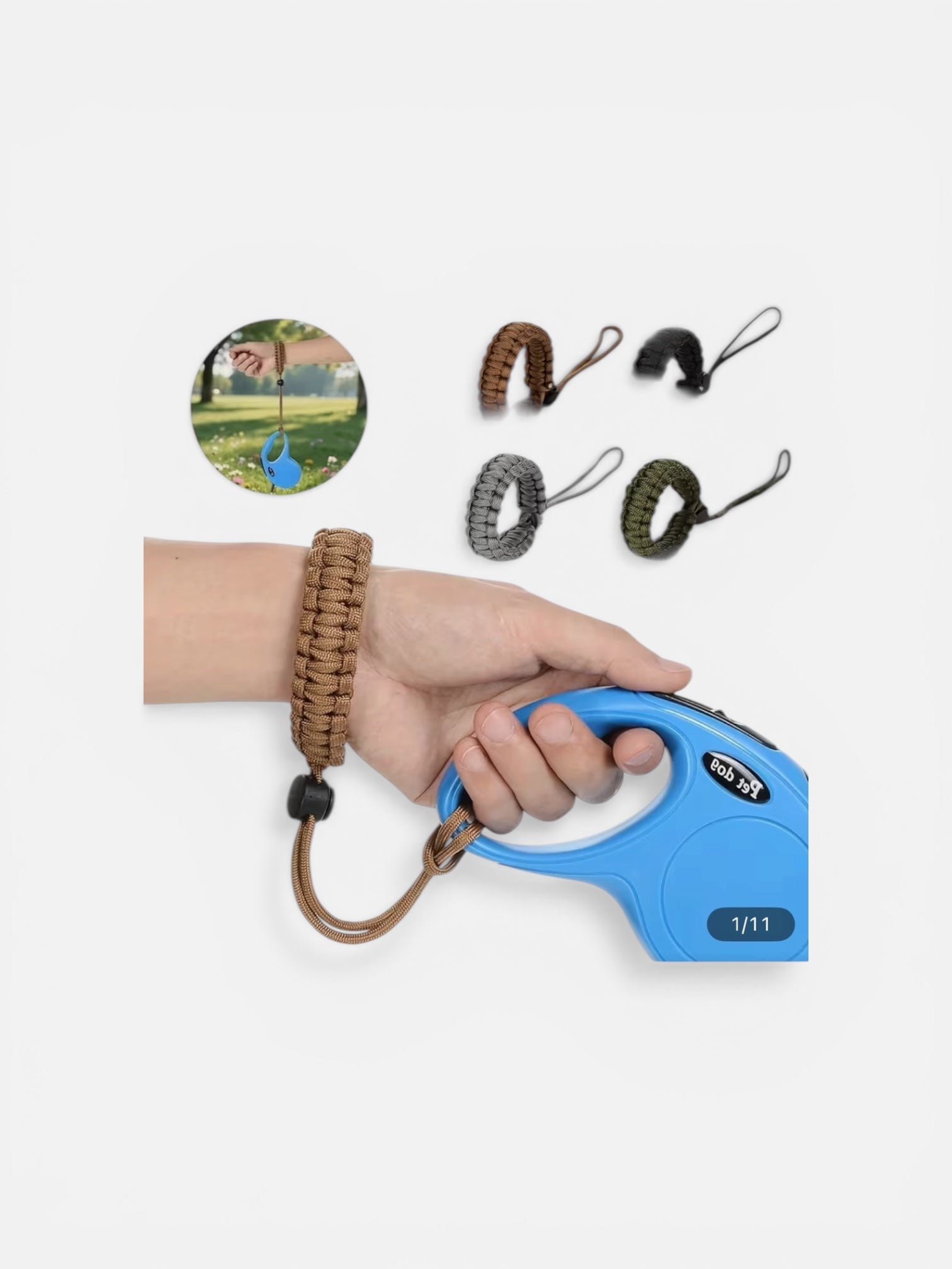 Blue retractable dog leash with hand holding it, and additional leash ends displayed.