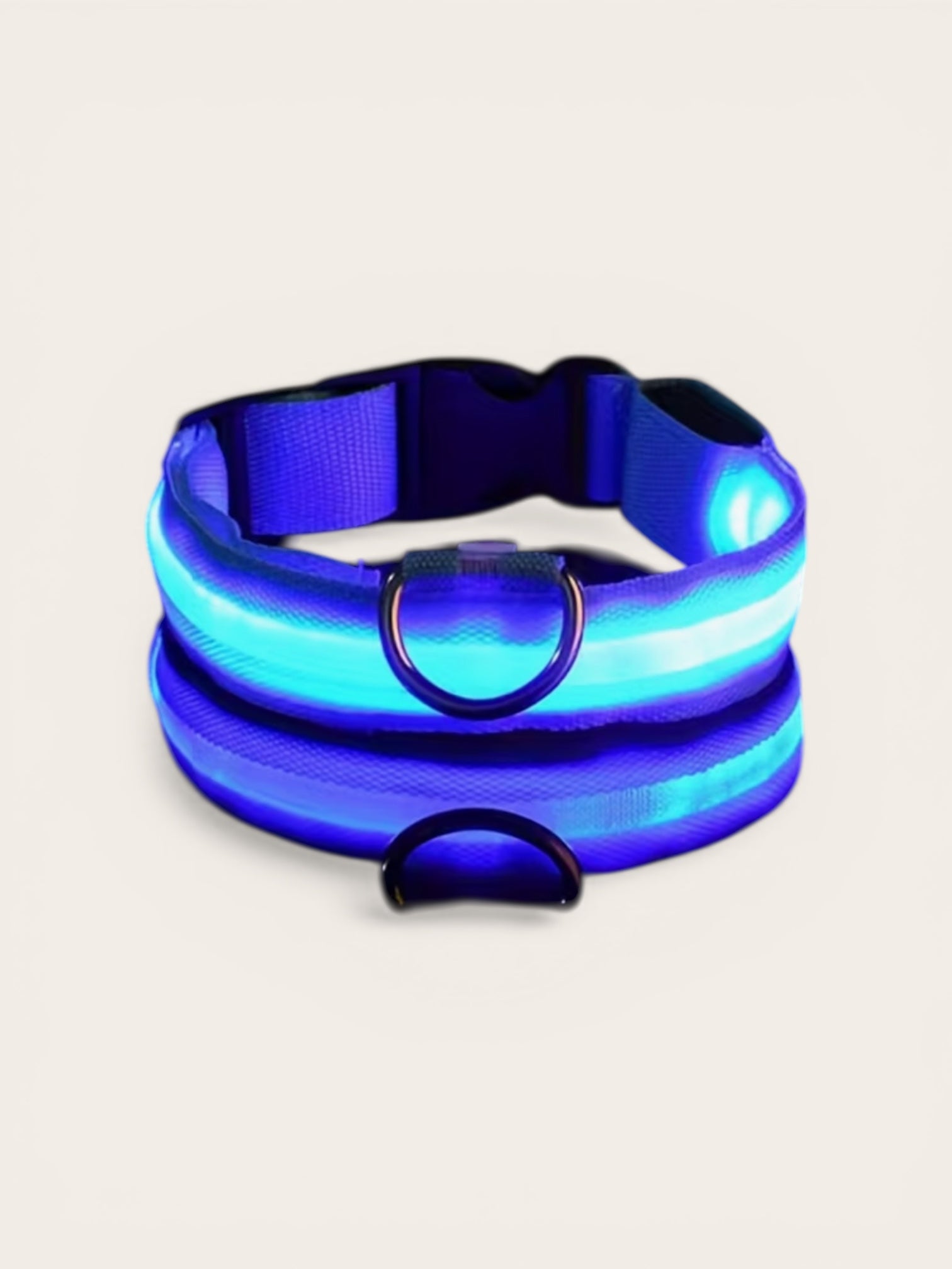 Blue LED dog collar on a light beige background