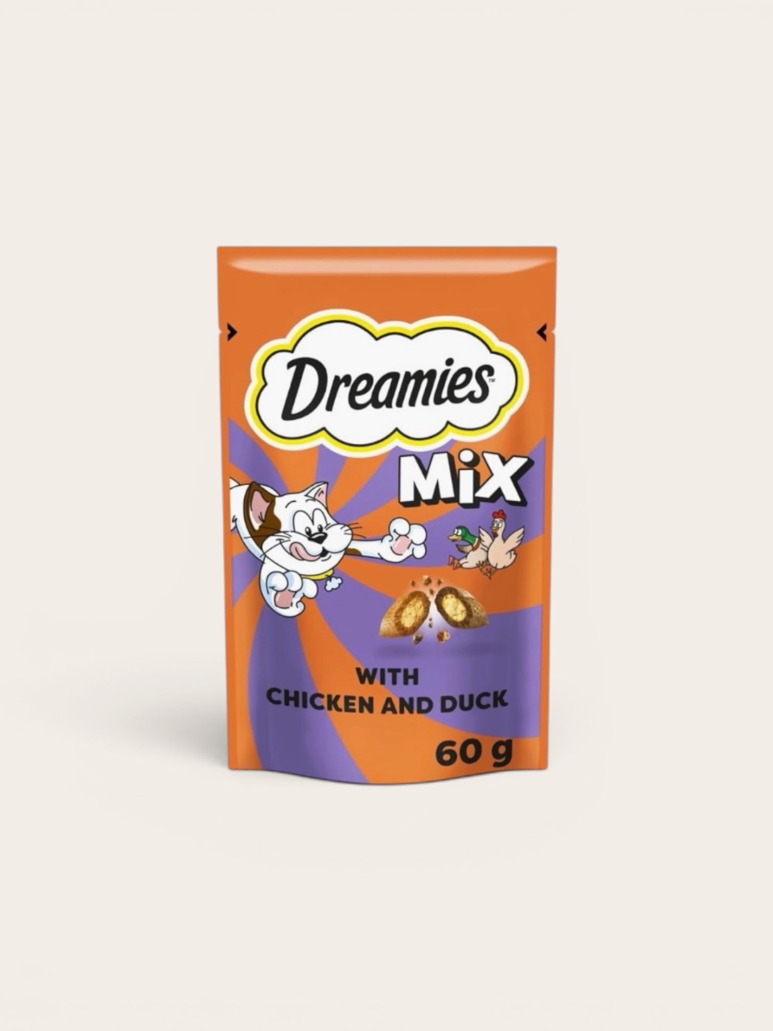 Dreamies Mix with Chicken and Duck cat food packaging on a white background