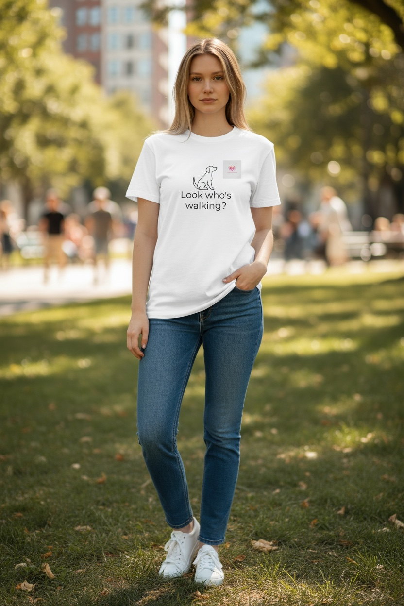 Woman wearing a white t-shirt with text and graphics in a park