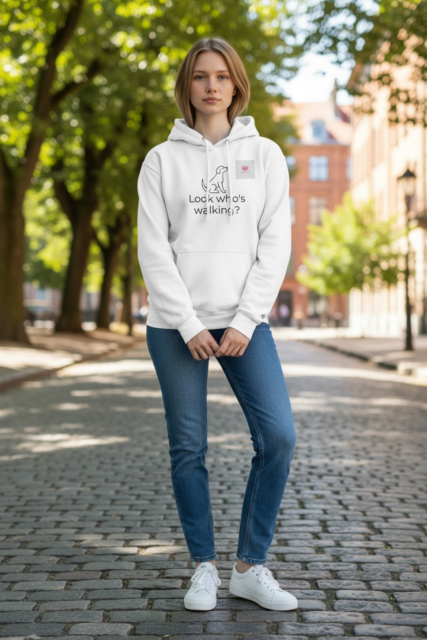 Person wearing a white hoodie with text and blue jeans standing on a street.