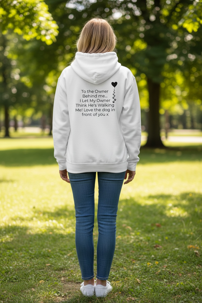 Person wearing a white hoodie with text in a park