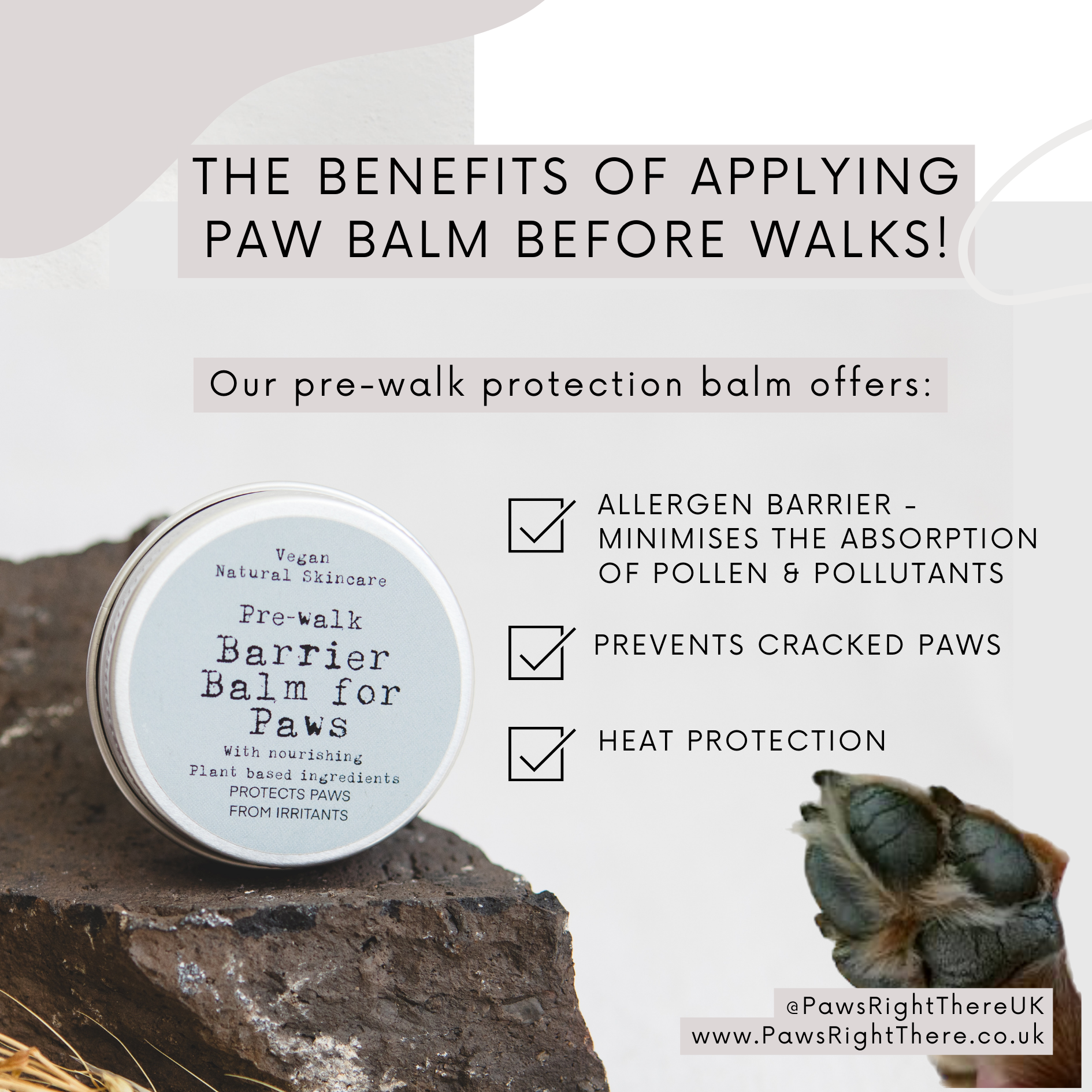 Paw balm container with benefits listed on a natural background