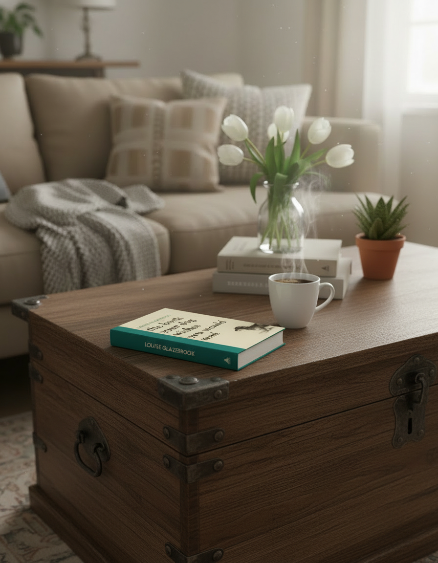 Cozy living room with a wooden coffee table featuring a book, cup of coffee, and vase of tulips.