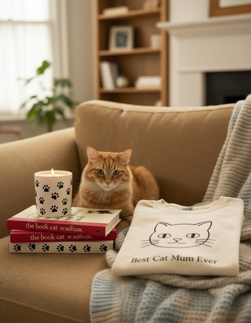 Cat sitting on a couch with books and a t-shirt featuring a cat design.