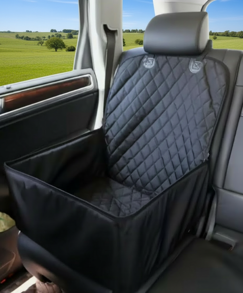Car seat cover on a vehicle's back seat with a scenic outdoor view through the window.