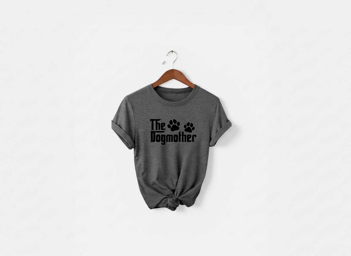 Gray t-shirt with 'The Dogmother' text and paw prints on a white background