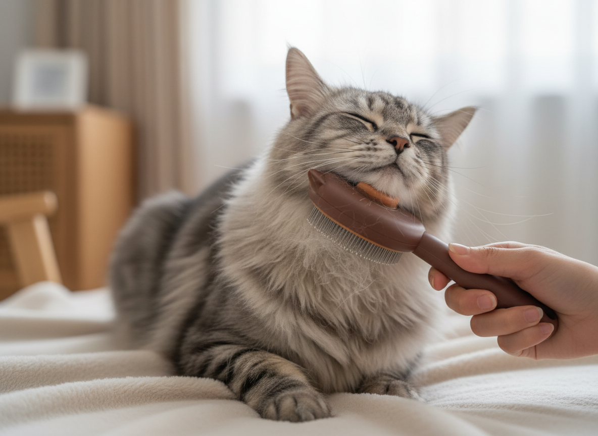Cat being groomed with a brush by a person on a bed