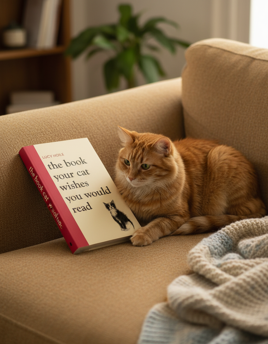 Cat sitting on a couch next to a book titled 'The Book Your Cat Wishes You Would Read'