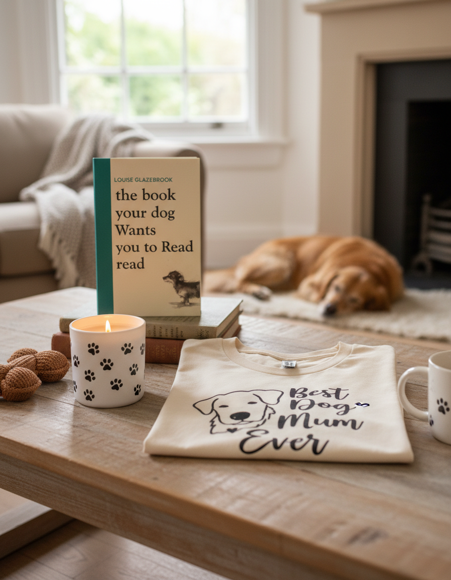 Living room scene with a book, mug, candle, and 'Best Dog Mum Ever' shirt on a coffee table.