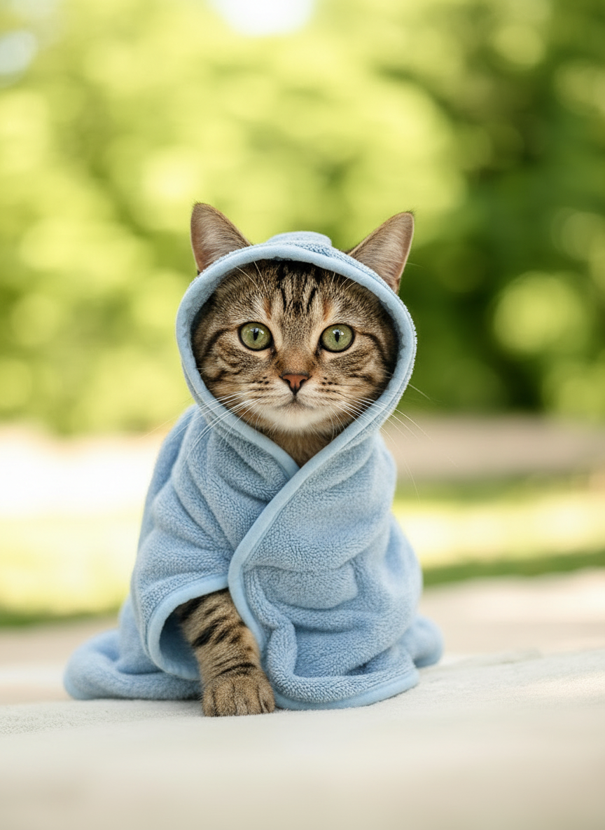 cat with bathrobe