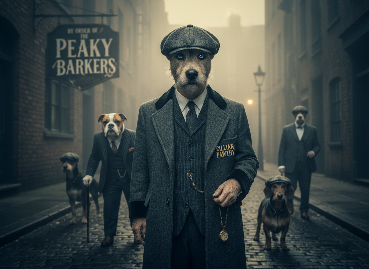 Dog in a suit with a sign for 'Peaky Barkers' on a foggy street.