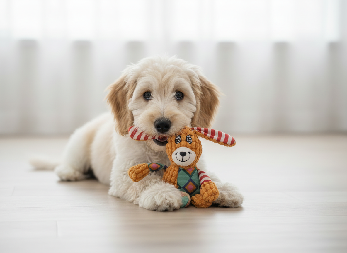 Puppy playing with a toy on a light-colored floor.